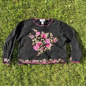 Vtg All Points by Reference Point Knit Sweater Size XL Black Floral Embroidered